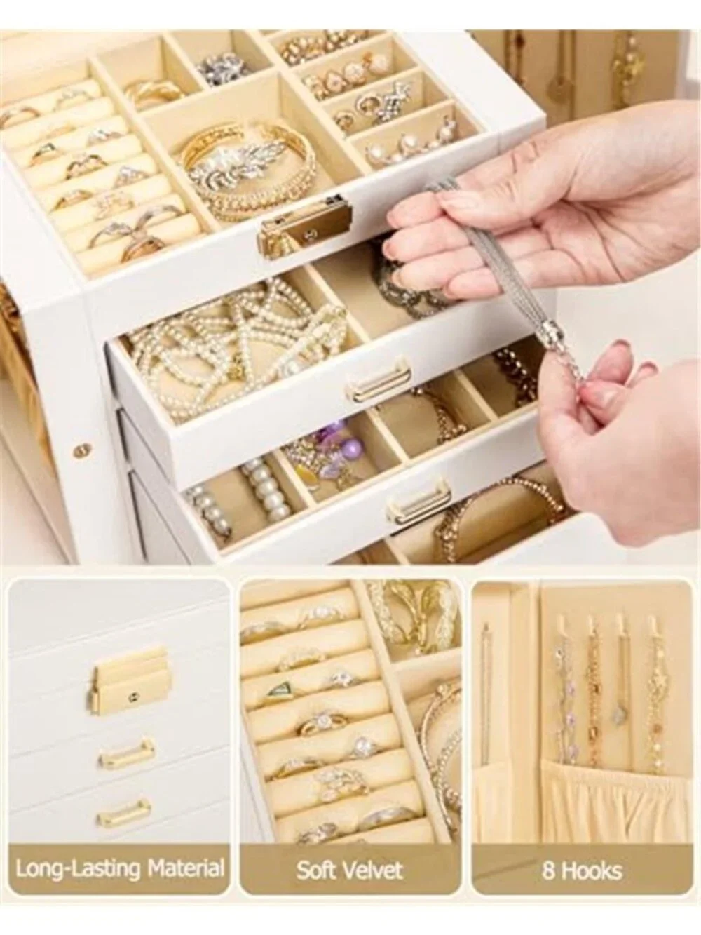 Jewelry Box Organizer With Mirror Lock Travel Case Necklace Ring Earring Storage